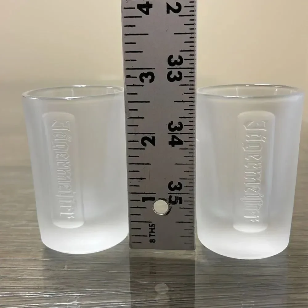 Pair of Embossed Jagermeister Frosted Glass 1 fl. oz Shot Glasses Barware Bar